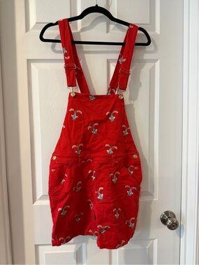 Red Embroidered Cotton Short Overalls Jumpsuit with Roger Rabbit
